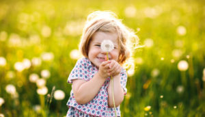 a young child smiles while holding a dandelion